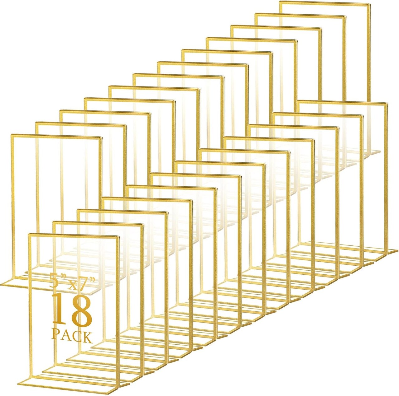 18 Pack 5x7 Acrylic Sign Holder Gold Frame Set – Double Sided Clear Table Number & Menu Display Stands for Wedding, Party, Restaurant, Office & Event Tabletop Decor